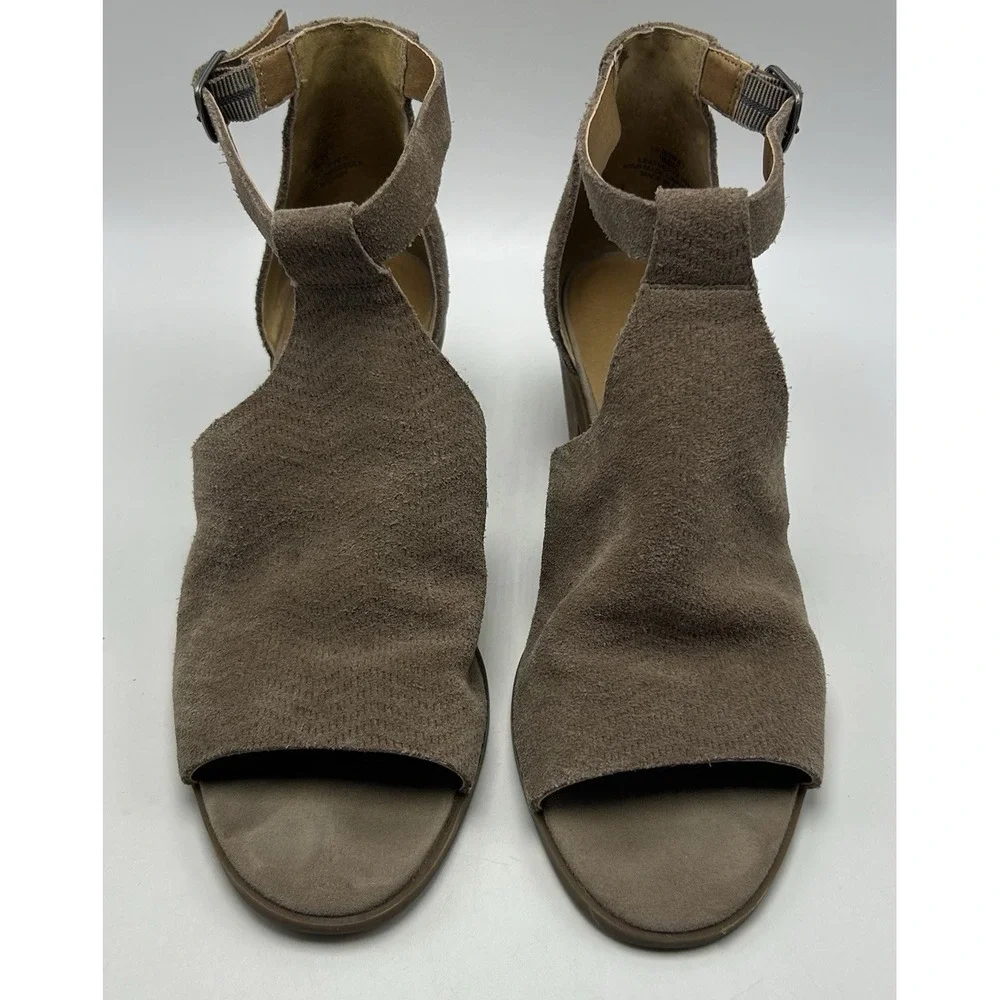 Lucky Brand Sandals Womens 9 M Tan Suede Cutout Open Toe Block Heels Beige